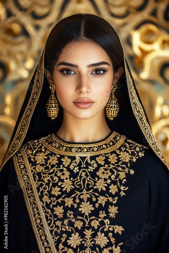 A stunning portrait of a young woman in traditional Arabic clothing, wearing an intricately embroidered black abaya photo