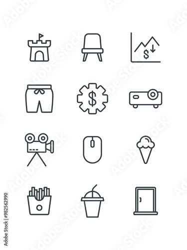 Pillow, Pizza, Projector, Settings, Short Pants, Torii, set of icons for web design, vector illustration