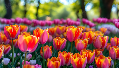 Blooming tulip fields with vibrant colors and vivid life. #982563145