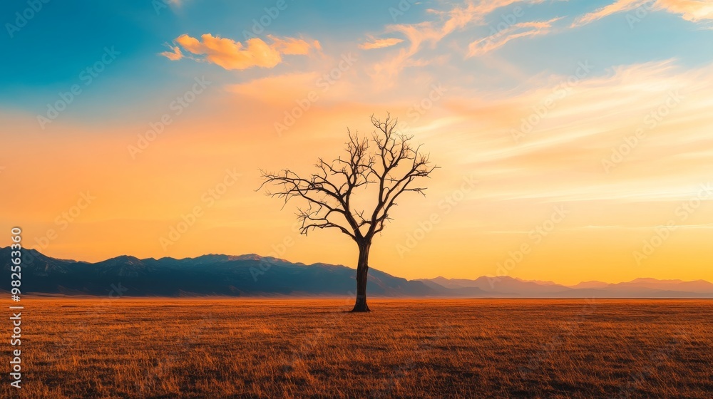 Lone Tree Silhouette at Sunset with Mountain Range Lone Tree Silhouette at Sunset with Mountain Range