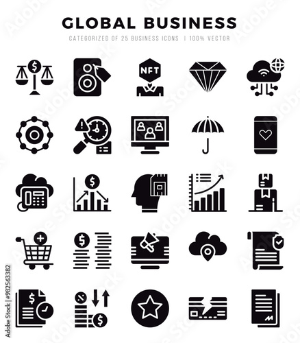 Global Business elements. Glyph web icon set. Simple vector illustration.