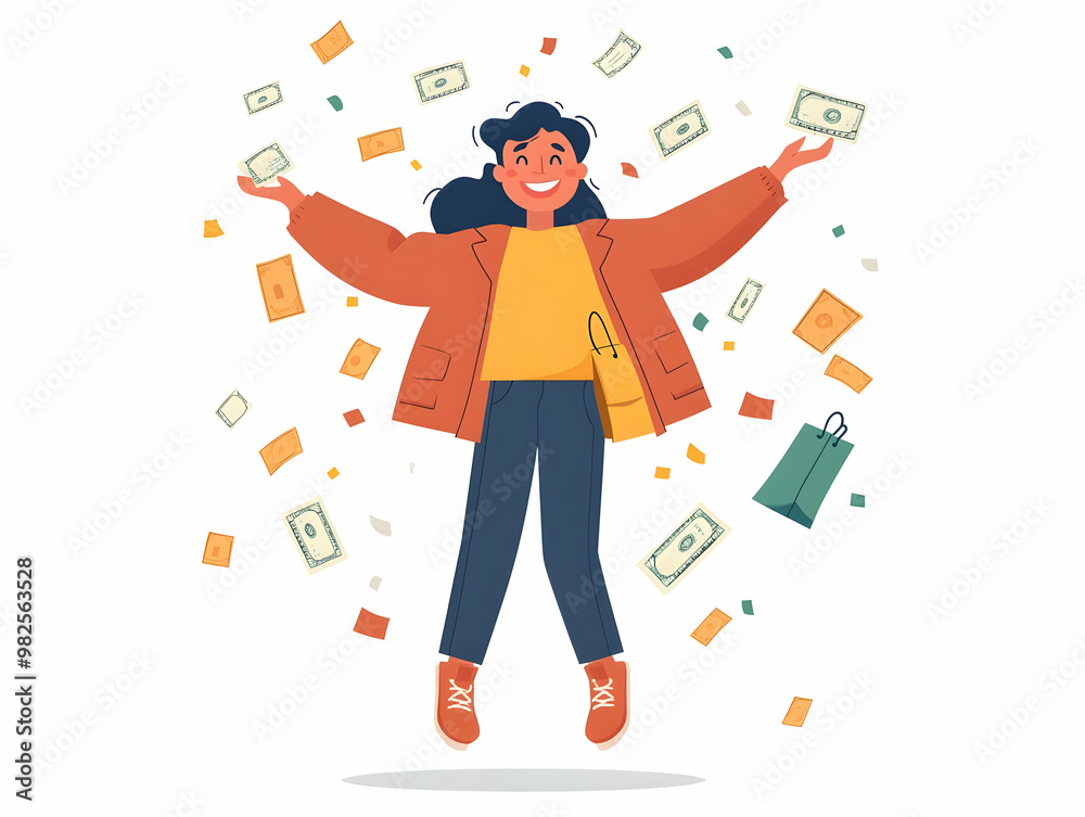 Joyful Shopper Celebrating Cash Savings from Clearance Sale - Candid Flat Vector Illustration for Retail Promotions and E-Commerce Marketing Joyful Shopper Celebrating Cash Savings from Clearance Sale - Candid Flat Vector Illustration for Retail Promotions and E-Commerce Marketing