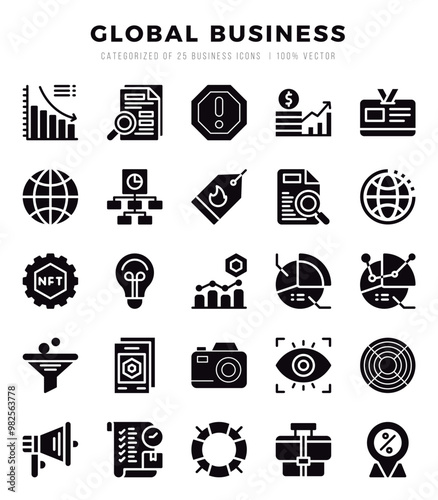 Global Business Icons Pack Glyph Style. Vector illustration.