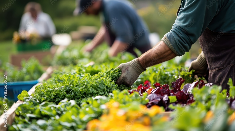 Fototapeta premium Biodynamic produce being harvested and prepared for a local market.