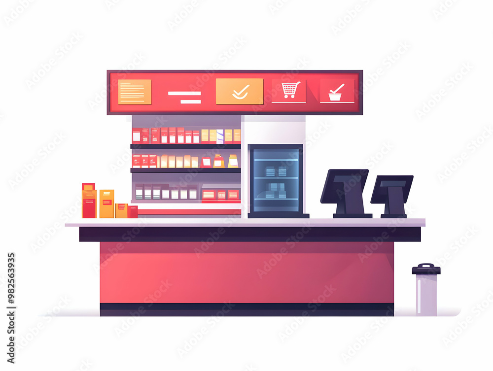 Flat Glossy Checkout Counter with Prominent Coupon Display - Modern Vector Design Highlighting Retail Discounts and Sales Opportunities Flat Glossy Checkout Counter with Prominent Coupon Display - Modern Vector Design Highlighting Retail Discounts and Sales Opportunities