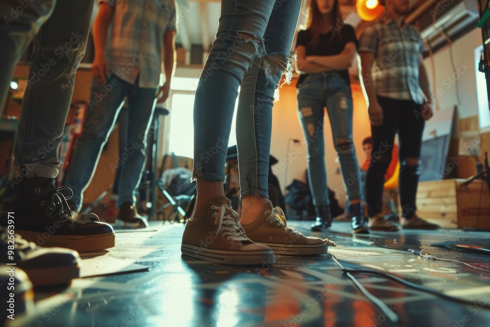 Fototapeta premium A group of young adults in a workshop, brainstorming and collaborating on projects. They are standing close together, indicating teamwork and discussion.