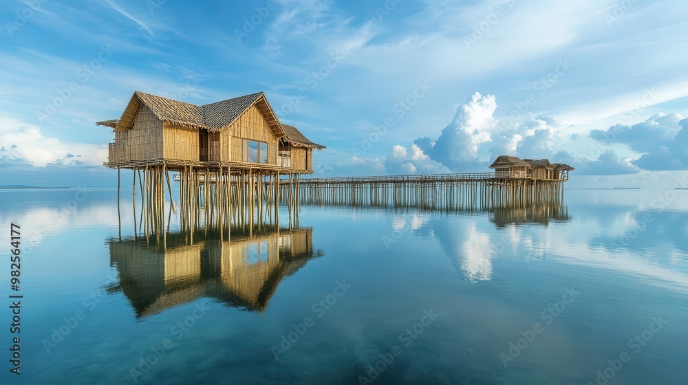 Composite view of bamboo huts built on stilts over water, tropical paradise reflecting the sky, focus on sustainable living, futuristic, composite, ocean pier backdrop Composite view of bamboo huts built on stilts over water, tropical paradise reflecting the sky, focus on sustainable living, futuristic, composite, ocean pier backdrop