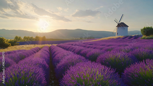 Vibrant Sunset Over a Blooming Lavender Field with a Windmill in the Distance, Showcasing the Peaceful, Aromatic Beauty of Purple Flowers and Tranquil Rural Charm in an Idyllic Countryside Setting
