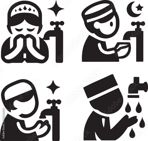 Set of man moslem washing face wudhu from tap water