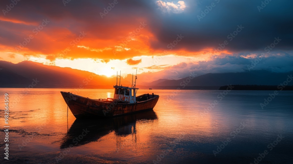 Naklejka premium Dramatic Sunset Landscape with Boat at Sea