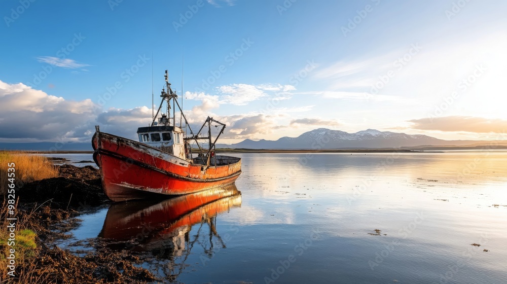 Fototapeta premium Abandoned Red Fishing Boat on Calm Sea at Sunset with Mountain Background