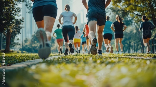 Obraz na płótnie Group jogging together in a city park, raising awareness about heart health and prevention through cardio close up, community fitness, dynamic, fusion, urban green space backdrop w salonie