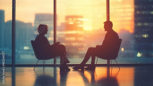 Empathy and active listening during a wellness conversation in therapy, focus on, emotional balance and recovery, dynamic, silhouette, modern city office backdrop