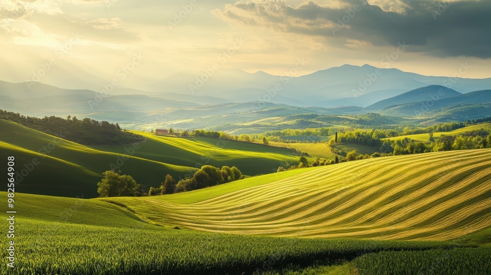 Fototapeta premium Breathtaking agriculture landscape with rolling fields and distant mountains.