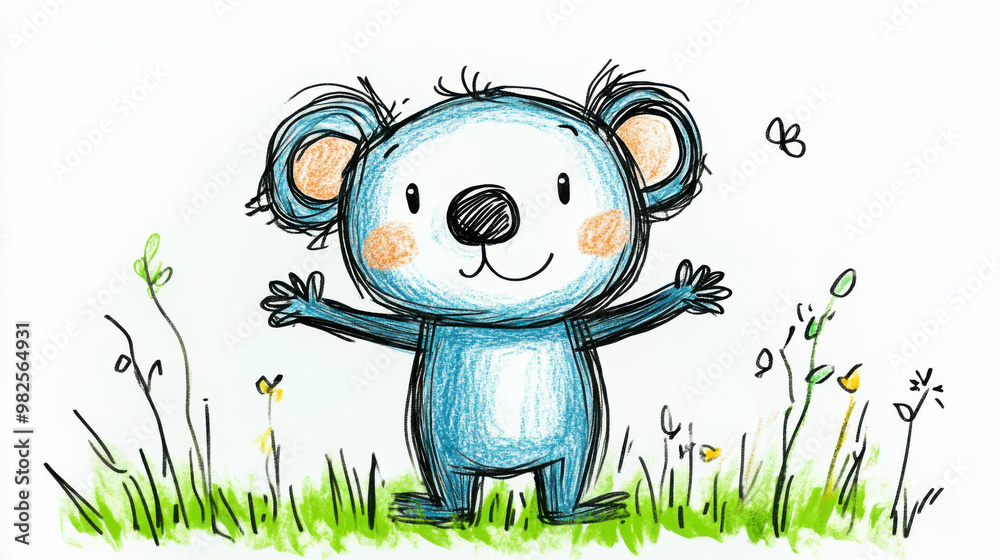 A cheerful illustration of a koala standing on grass with open arms, surrounded by flowers and butterflies. A cheerful illustration of a koala standing on grass with open arms, surrounded by flowers and butterflies.