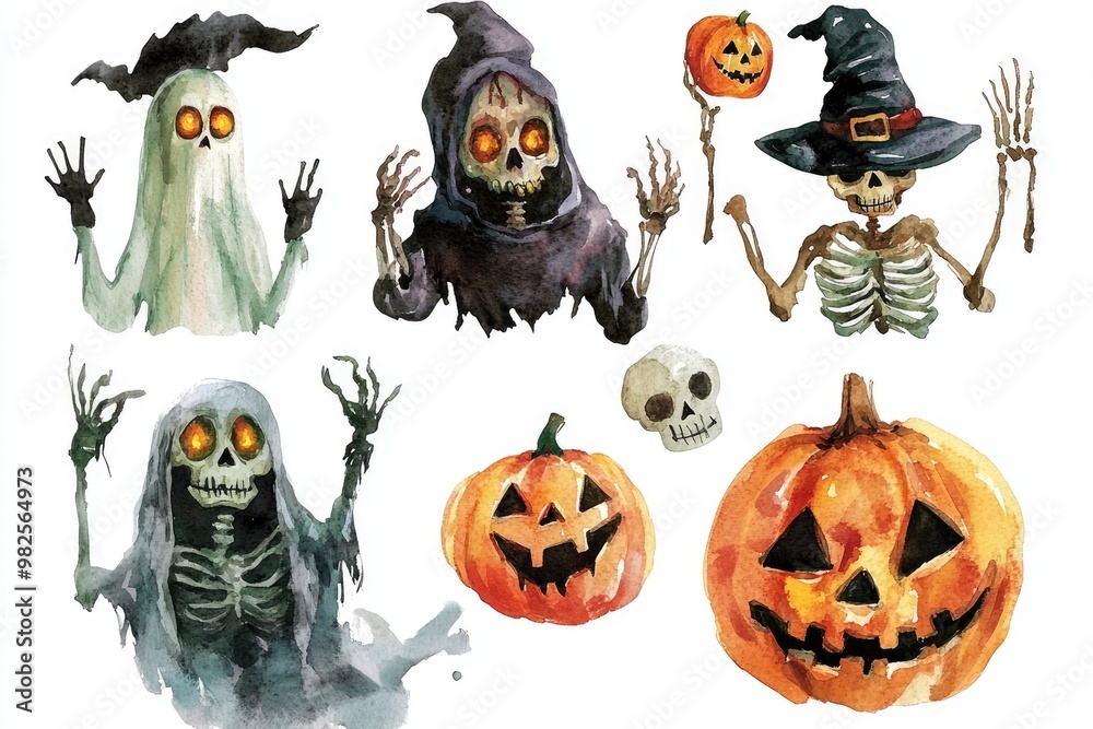 Obraz premium Watercolor Illustrations of Halloween Characters and Pumpkins