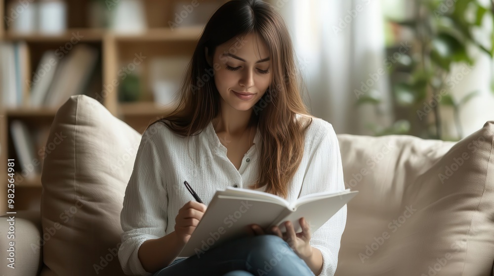 Woman journaling after therapy, reflecting on her growing resilience and personal strength focus on, self-discovery, surreal, blend mode, peaceful home office backdrop Woman journaling after therapy, reflecting on her growing resilience and personal strength focus on, self-discovery, surreal, blend mode, peaceful home office backdrop