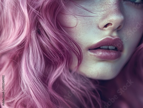 Model with vibrant pink hair and bold lip color. Makeup enhances dramatic look.