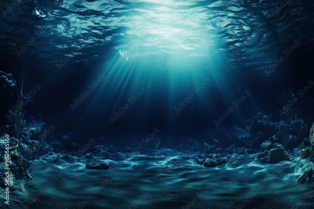 Naklejka premium panorama of deep sea underwater scene with volume lights