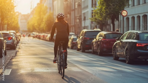 A cyclist commuting through a green city with electric cars and bike lanes.