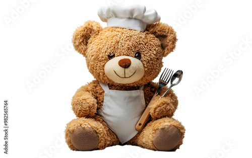 a teddy bear wearing a chef hat and apron holding a spoon and fork

