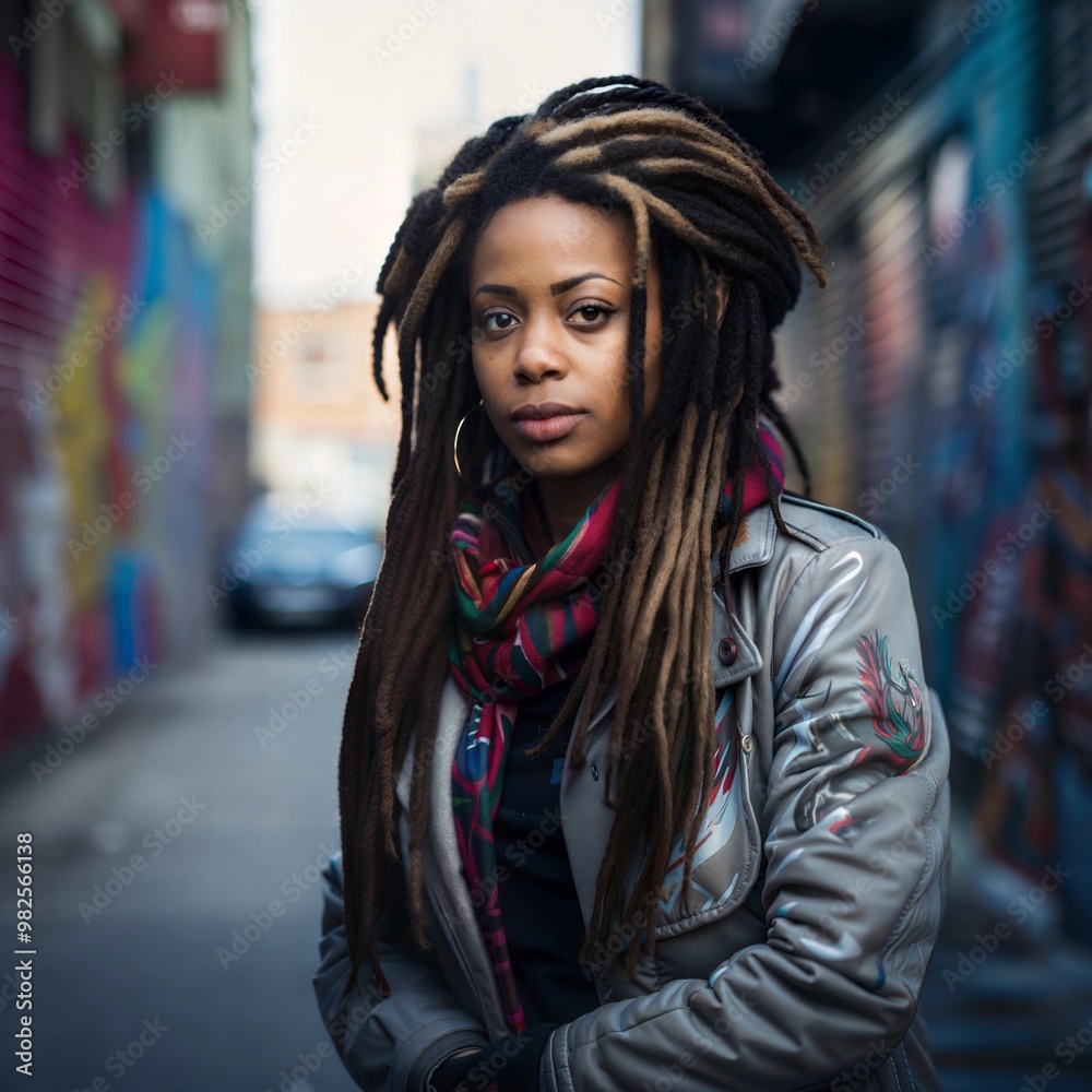 A confident woman with long dreadlocks stands in an urban alley, surrounded by colorful graffiti. The setting sun casts a warm glow, highlighting her expressive face. A confident woman with long dreadlocks stands in an urban alley, surrounded by colorful graffiti. The setting sun casts a warm glow, highlighting her expressive face.