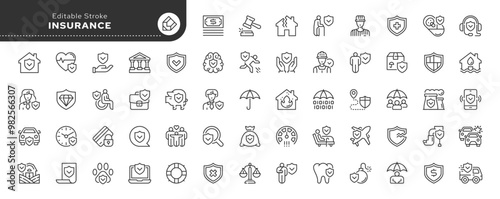 Insurance line icon set. Medical, transport and bank insurance. Life, health, property, home and car accident insurance. Outline icon in linear style. Vector collection