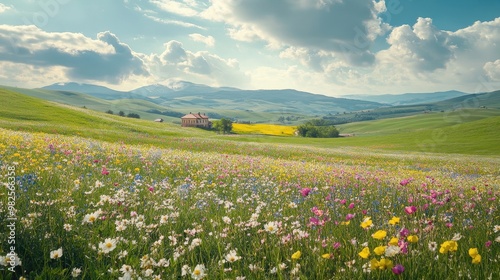 Blooming Meadow With a House in the Distance