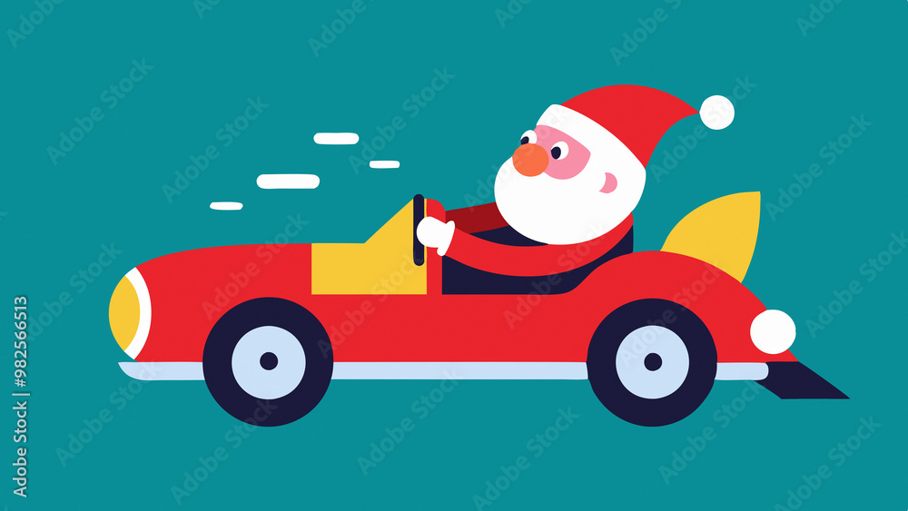 Flat design illustration of Santa Claus driving a red convertible with a yellow tail fin on a turquoise background Flat design illustration of Santa Claus driving a red convertible with a yellow tail fin on a turquoise background