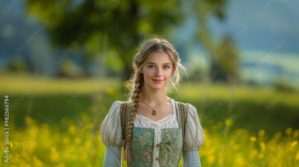 Young woman in traditional German attire, rural autumn setting. Young woman in traditional German attire, rural autumn setting.