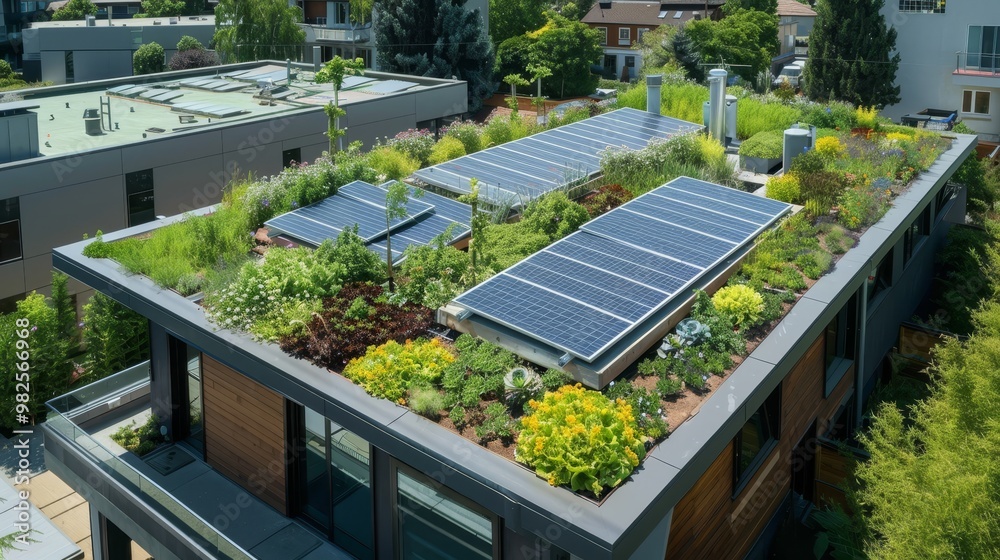 Green Roof with Solar Panels and Lush Vegetation Green Roof with Solar Panels and Lush Vegetation
