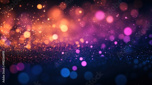 Vibrant particle effects and bokeh on a dark digital background. Abstract design, ideal for technology themes. High-resolution visuals. 