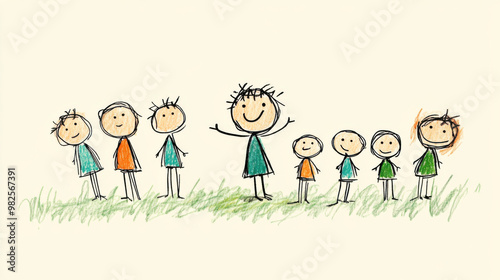 A whimsical hand-drawn illustration featuring a group of smiling stick figure children standing together in a field, emphasizing unity and joy.