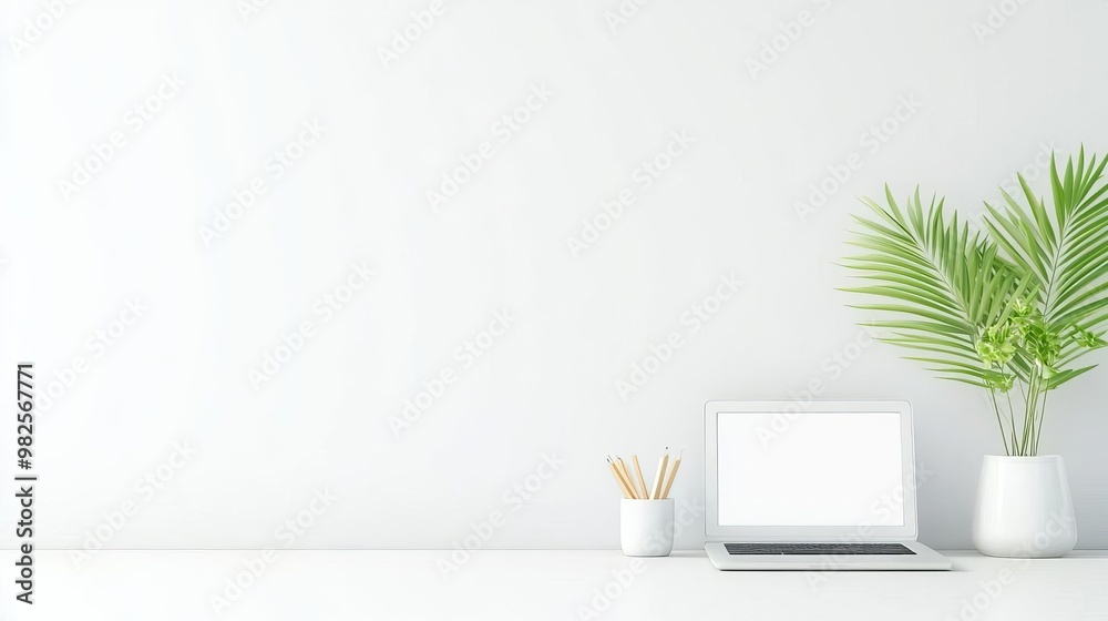 Fototapeta premium A modern office setup for remote work, featuring a laptop displaying a leadership webinar, with an expansive white wall for text copy space