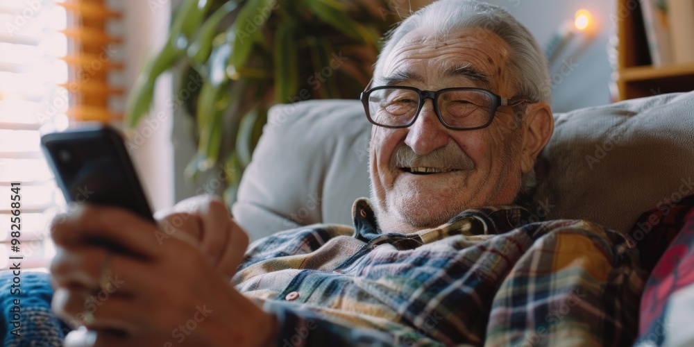 Obraz premium An elderly man is seen using a smartphone for communication or entertainment. He appears engaged with the device, highlighting the increasing role of technology in all age groups.