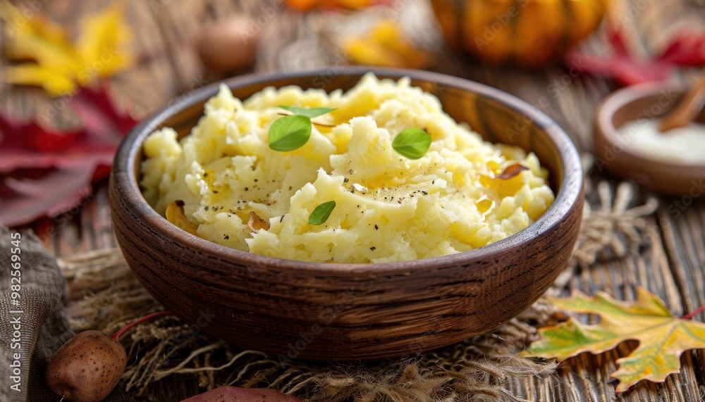 A warm, rustic bowl of creamy mashed potatoes garnished with herbs, perfect for a cozy autumn meal with seasonal decor. A warm, rustic bowl of creamy mashed potatoes garnished with herbs, perfect for a cozy autumn meal with seasonal decor.