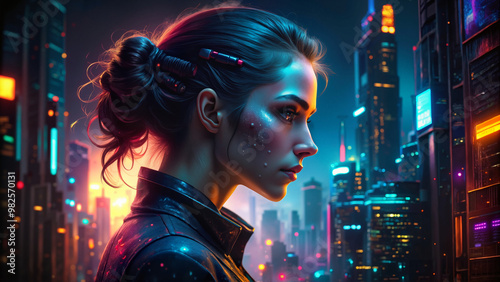 Futuristic Woman with Cybernetic Enhancements in Neon City