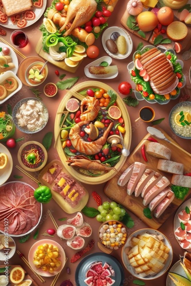 Colorful array of various foods on a large table, ready to be served at a feast or gathering. Colorful array of various foods on a large table, ready to be served at a feast or gathering.