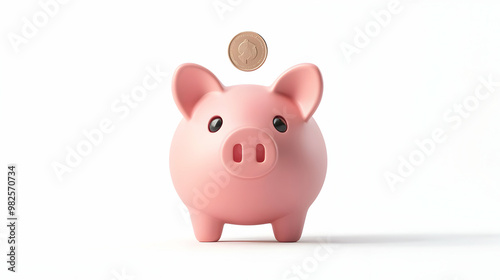 3D Floating Piggy Bank Icon with Coin Insertion Concept - Playful Savings & Financial Growth Design Isolated on White Background