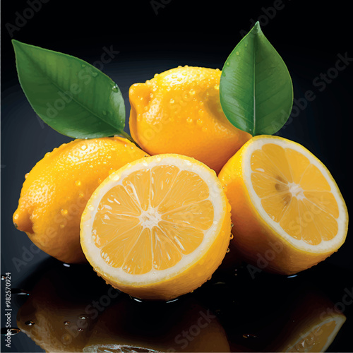 Juicy yellow lemons with green leaves isolated. Lemon close-up. Lemon juice. Fresh citrus. Sour taste. With lemon flavor. Vitamin C. Citruses and fruits.