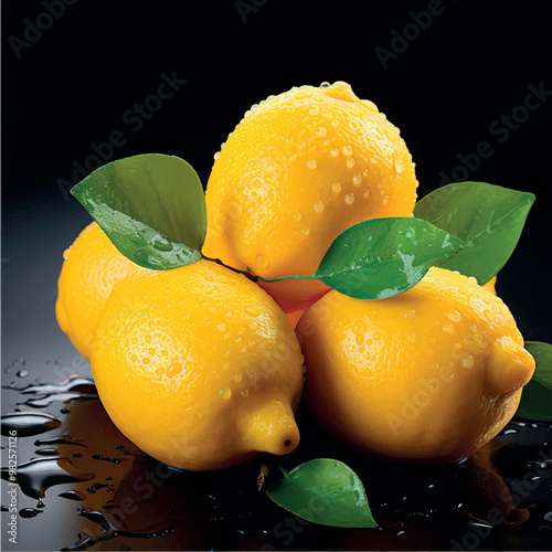 Juicy yellow lemons with green leaves isolated. Lemon close-up. Lemon juice. Fresh citrus. Sour taste. With lemon flavor. Vitamin C. Citruses and fruits.