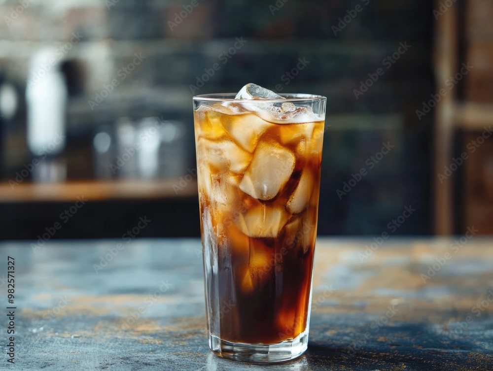 Cold brew coffee with ice cubes and cream on the side in a clear glass. Perfect for a hot summer day. Cold brew coffee with ice cubes and cream on the side in a clear glass. Perfect for a hot summer day.