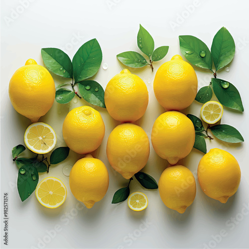 Juicy yellow lemons with green leaves isolated. Lemon close-up. Lemon juice. Fresh citrus. Sour taste. With lemon flavor. Vitamin C. Citruses and fruits.