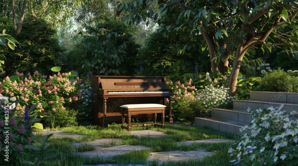 Decorative white Grand piano in the design of a wedding or a decor for a romantic dinner in the spring in a blooming tree garden Decorative white Grand piano in the design of a wedding or a decor for a romantic dinner in the spring in a blooming tree garden