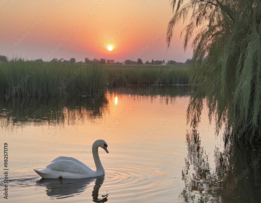 Fototapeta premium Swan at sunrise on tranquil lake