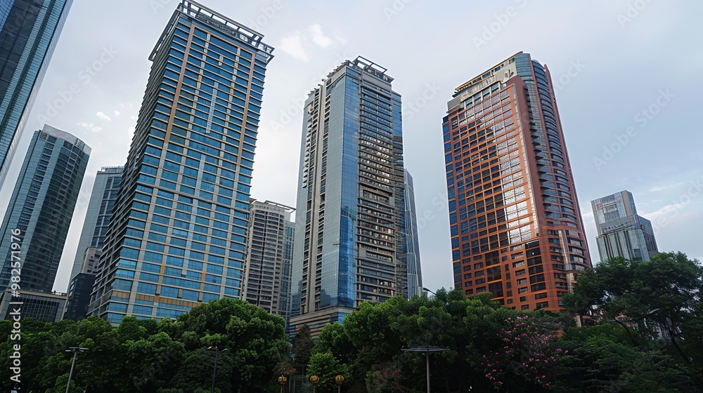 A captivating view of the background with modern commercial high - rise buildings. The buildings have sleek and stylish designs. They stand tall and proud, reaching towards the sky. There are large gl A captivating view of the background with modern commercial high - rise buildings. The buildings have sleek and stylish designs. They stand tall and proud, reaching towards the sky. There are large gl
