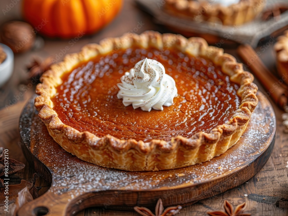 Delicious pumpkin pie with whipped cream on top, perfect for autumn and holiday desserts. Rustic wooden background. Delicious pumpkin pie with whipped cream on top, perfect for autumn and holiday desserts. Rustic wooden background.