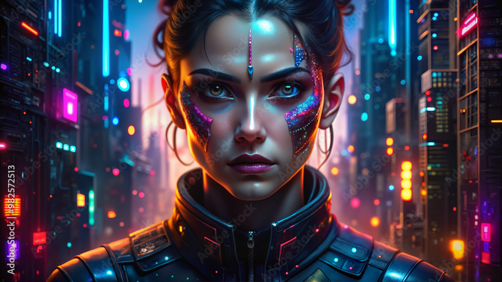 Obraz premium Cyberpunk woman with glowing facial enhancements in neon-lit futuristic city
