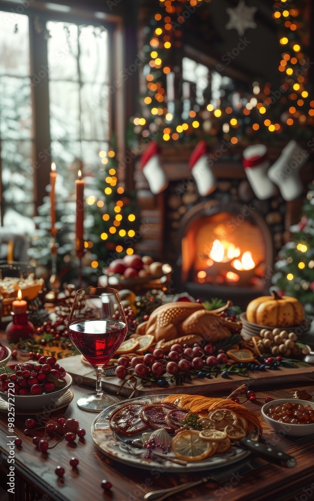 Naklejka premium A cozy holiday dining room with a festive table full of delicious food, warm fireplace, and Christmas decorations in the background.