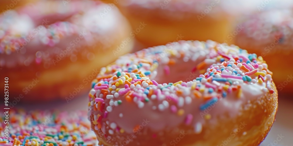 A close up of a pink donut with rainbow sprinkles on top. The sprinkles are scattered all over the donut, giving it a festive and colorful appearance A close up of a pink donut with rainbow sprinkles on top. The sprinkles are scattered all over the donut, giving it a festive and colorful appearance
